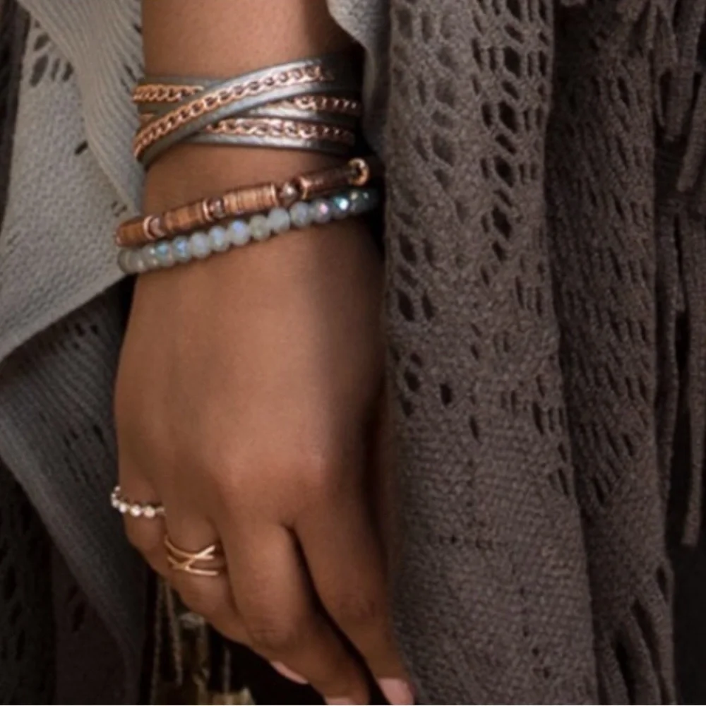 Premier Designs On the Edge Gray Leather, Rose Gold Tone Details Wrap Bracelet